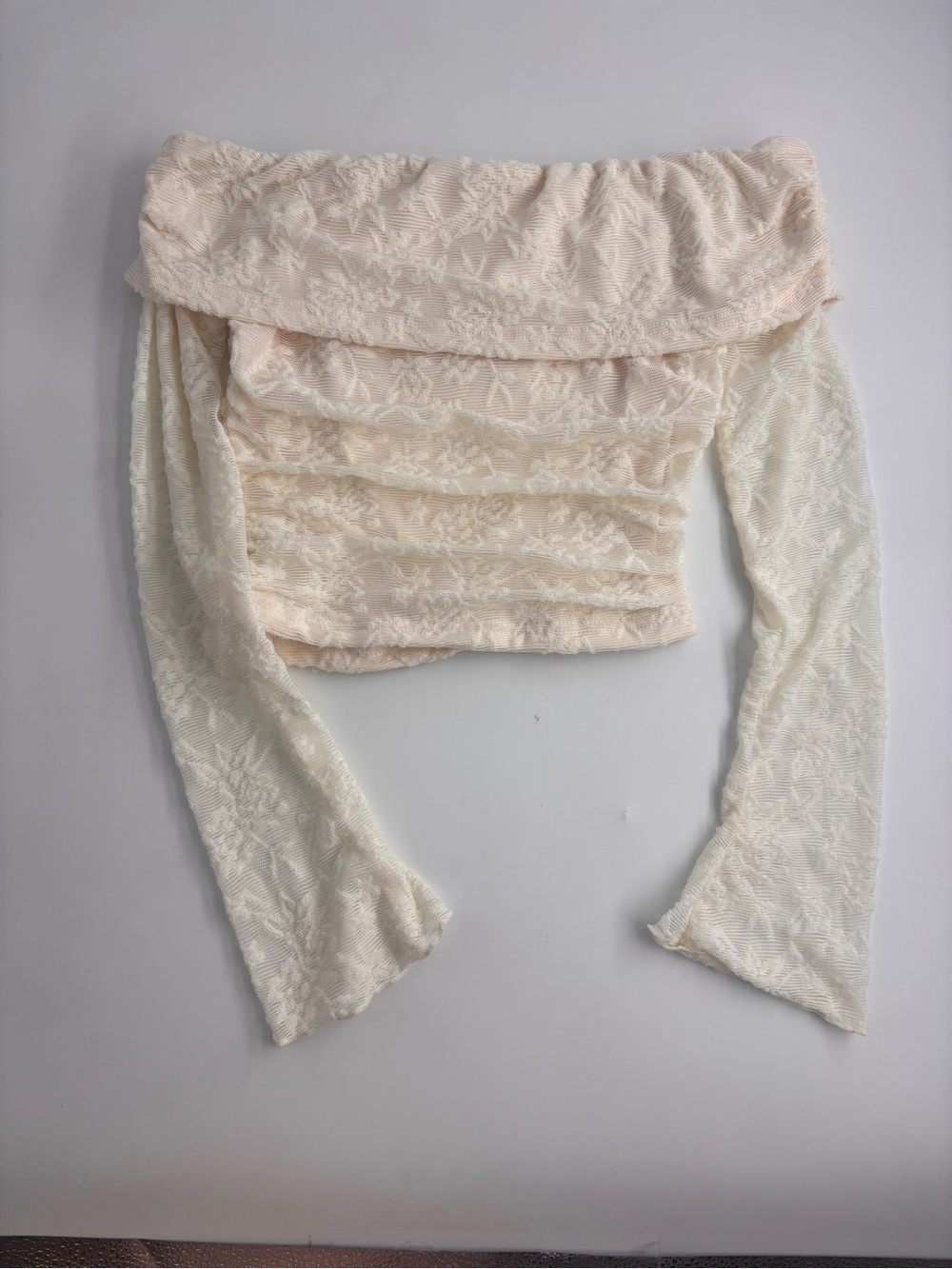 SHEIN Off-Shoulder Lace Crop Top in Blush and Ivory